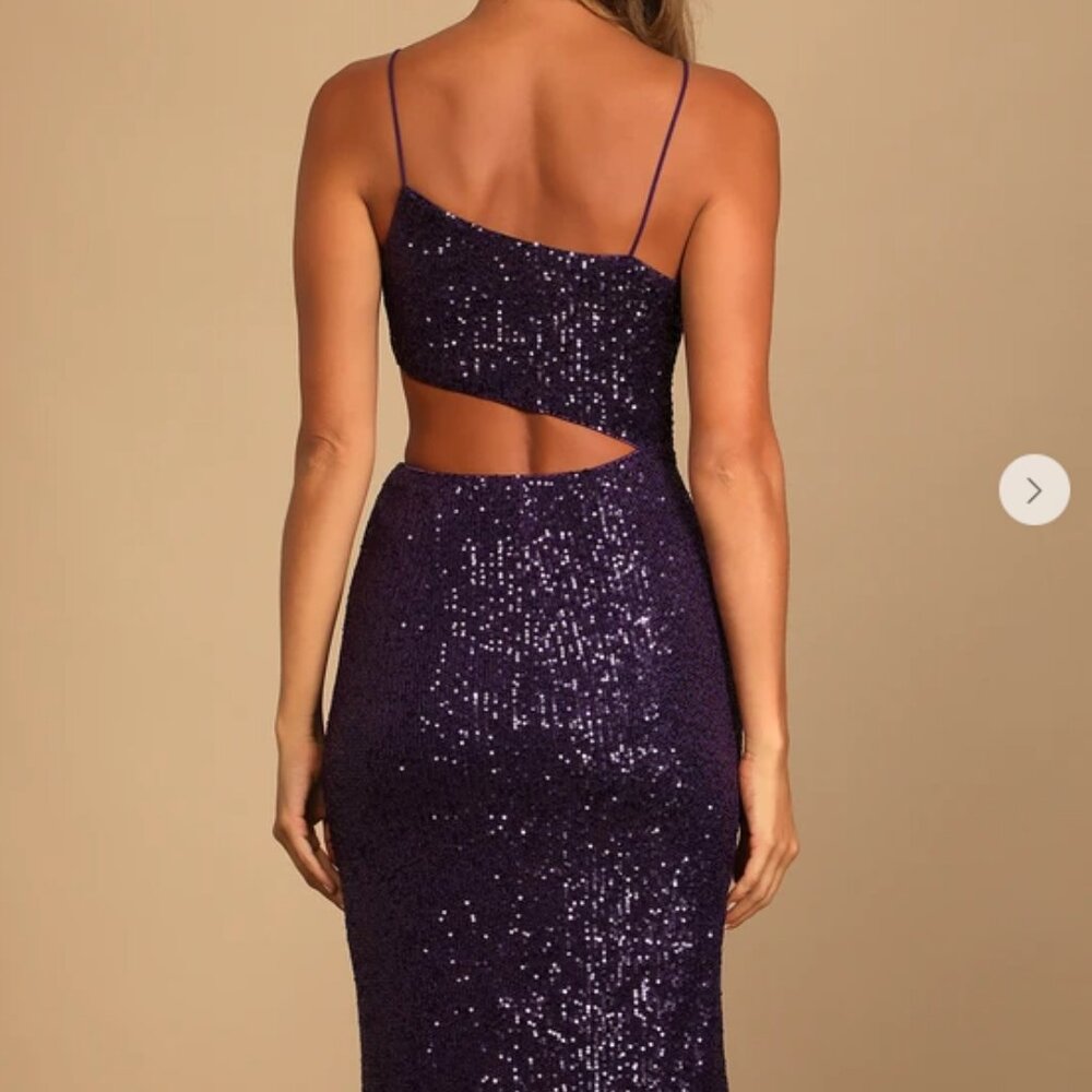 Lulus Plum Purple Sequin Asymmetrical Cutout Midi Dress